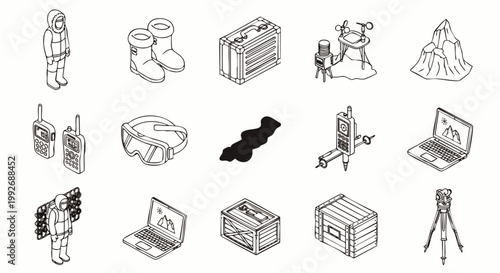 Detailed Isometric Line Art Icons for Wilderness Exploration and Adventure. Includes Gear for Camping, Winter Sports, and Scientific Expeditions.