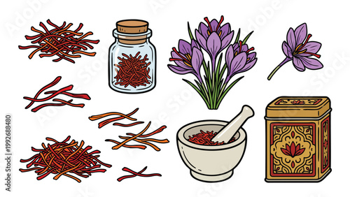Hand Drawn Saffron Threads, Crocus Flowers and Spice Containers Illustration Set