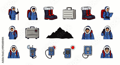 Vector icons for arctic expedition, mountaineering, and cold weather adventures. Features explorers, winter boots, specialized equipment, and mountain elements.