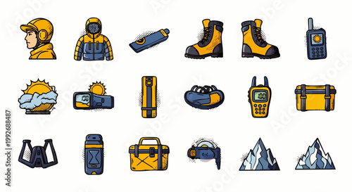 Set of hand-drawn icons for outdoor adventure and extreme sports, including gear, clothing, and weather elements.