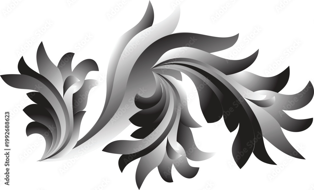 Fototapeta premium A sophisticated monochrome acanthus leaf ornament featuring dramatic grey and silver gradients. This 3D-styled scrollwork design creates a sense of depth and luxury, perfect for high-end branding