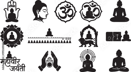 Mahavir Jayanti Silhouette Set of 12 Vector Icons Lord Mahavir Jain Religious Festival