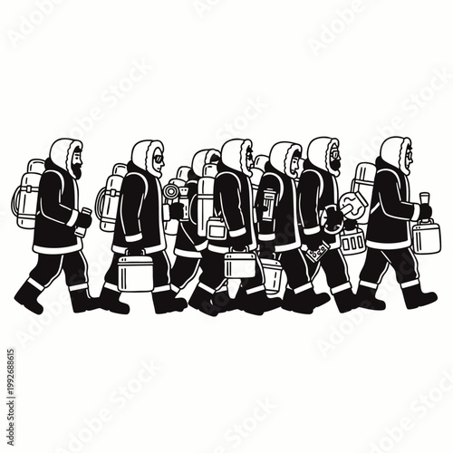 Group of Inuit people in traditional clothing carrying supplies, walking in a line across a white background