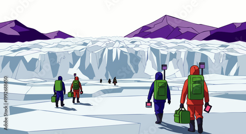 Expedition team in colorful suits exploring a vast icy landscape with a towering glacier and purple mountains under a clear sky.