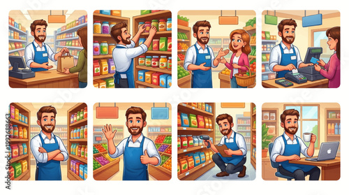 Friendly Supermarket Grocery Store Worker Illustrations Set Featuring Male Clerk Stocking Shelves Helping Customers and Managing Inventory in Cartoon Style Art