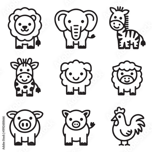 Cute Farm and Wild Animals Minimal Black and White Line Art Vector Set