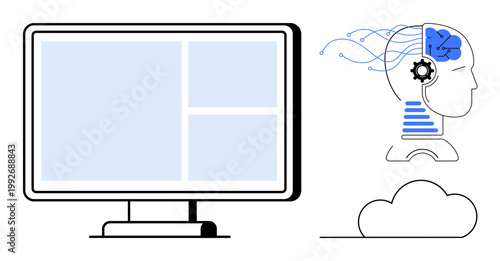 AI innovation, machine learning, cloud computing, robotics, data processing, smart technology. Monitor, human head with brain and cloud. AI innovation and machine learning concept