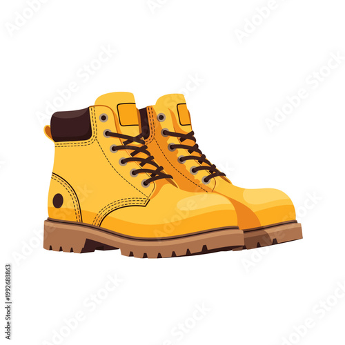 Yellow work boots with dark brown laces and soles against a white background