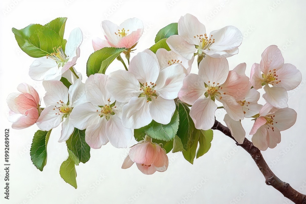 Fototapeta premium delicate apple blossom branch with pale pink and white flowers and fresh green leaves on a soft light background, serene spring bloom