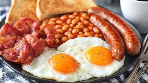 traditional English breakfast plate with eggs and meat