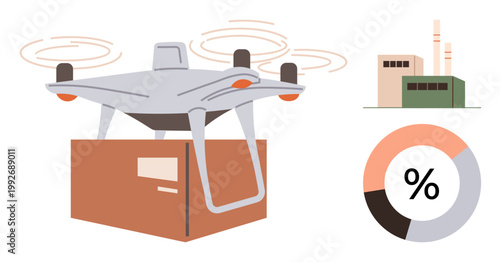 Technology, logistics, innovation, delivery services, production, data analysis. quadcopter carrying a package, factory building circle chart. Technology and logistics in modern business