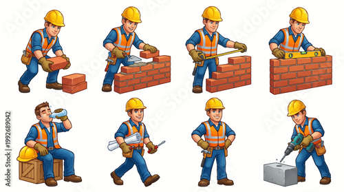 Set of Isolated Cartoon Construction Worker Characters Performing Various Building Tasks Like Bricklaying, Measuring, Drilling, and a Break on White Background