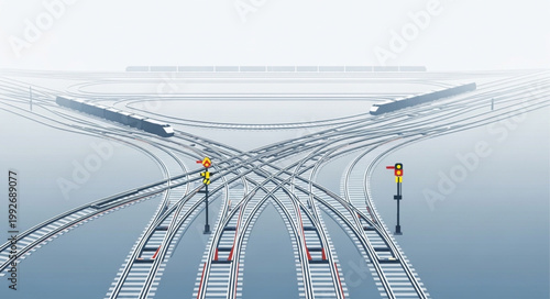 Complex railway tracks intersection with signals and trains.