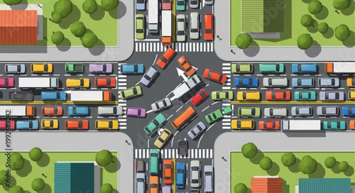 Busy City Intersection With Heavy Traffic Congestion.