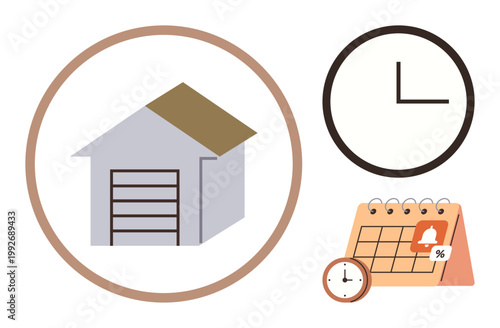 Logistics, time management, scheduling, warehouse storage, delivery planning, inventory organization. Outline of a warehouse, a clock and a calendar. Logistics and time management illustrated