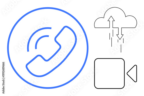 Communication symbols. Communication includes phone call connectivity, cloud data transfer, and video conferencing. Communication is vital for remote work, cloud services, and digital collaboration
