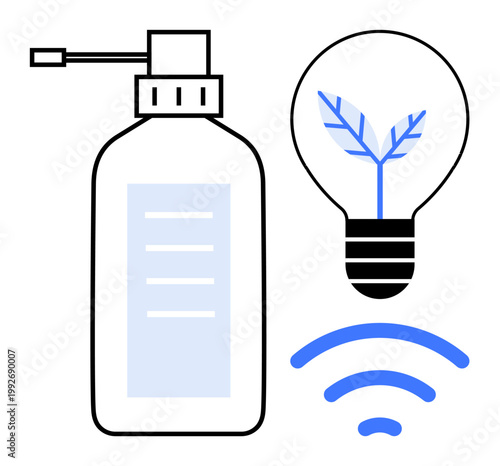 Sustainable design, eco-friendly living, renewable energy, green technology, packaging innovation, and smart connectivity. Bottle design with lightbulb and signal waves. Sustainable design