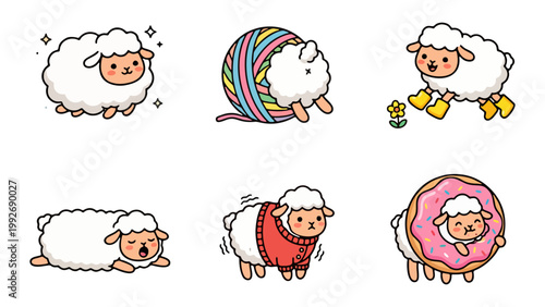Charming cartoon sheep showcasing various playful activities and emotions.