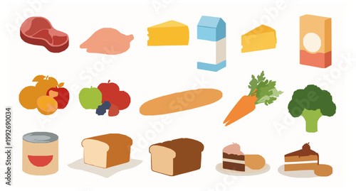 Balanced Diet Food Set – Natural Meat, Dairy, Fruits, Vegetables and Bread Vector