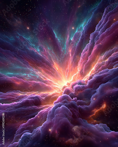 Cosmic Symphony: An awe-inspiring image capturing a vibrant, photorealistic depiction of a nebula. This colorful cosmic display of gas and dust clouds, swirling with energy and light.