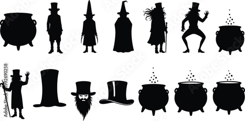 Set of Halloween Witch and Cauldron Silhouettes with Magic Characters, Hats, and Potion Pots for Spooky Design, Fantasy Illustration, and Seasonal Decoration Projects