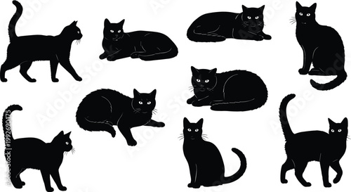 Set of Black Cat Silhouettes in Different Poses Including Sitting, Walking, and Lying for Halloween Design, Pet Illustration, Mystery Themes, and Decorative Vector Use