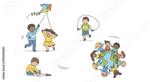 Diverse children enjoying various outdoor and creative activities.