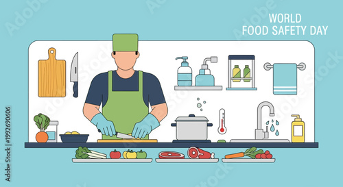 World Food Safety Day with kitchen hygiene and preparation.