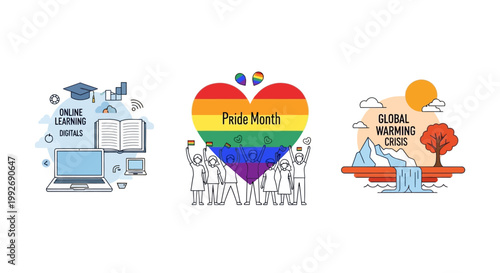 Set of illustrations: online learning, pride month, global warming crisis.