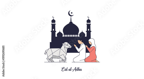 Eid al-Adha celebration with mosque, people praying and sheep