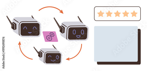 Workflow optimization, automation systems, customer feedback, performance efficiency, AI loop, robotics processes. Smiling robots in a cycle, gears and star rating. Workflow optimization