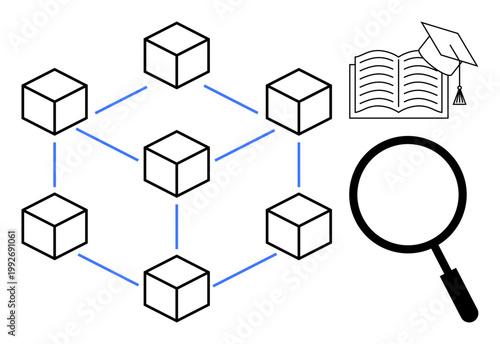Blockchain education. Blockchain interconnected nodes with an academic book and magnifying glass learning and research. Blockchain innovation education, research, knowledge sharing, academic