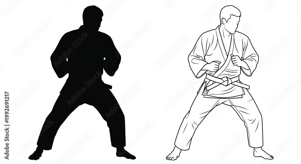 Obraz premium Judo practitioner in fighting stance shown as a striking silhouette