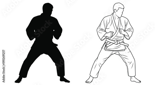 Judo practitioner in fighting stance shown as a striking silhouette