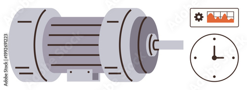 Industrial systems, machine maintenance, energy monitoring, productivity analysis, operational efficiency, diagnostics. Illustration of an electric motor, settings icon graph and clock. Industrial