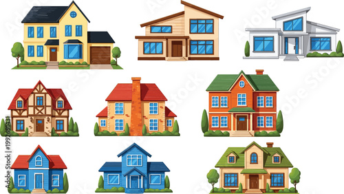 Collection of Colorful Cartoon Houses and Modern Residential Buildings in Different Architectural Styles for Real Estate, Urban Design, Game Assets, and Illustration Projects