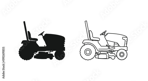 Lawn tractor illustration shown in both color and black silhouette