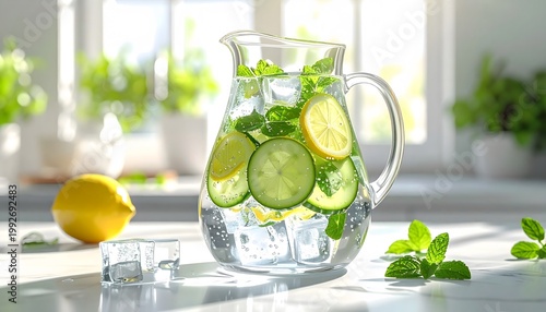 Refreshing Detox Water Pitcher with Sliced Cucumber, Lemon, and Fresh Mint Leaves on Bright Kitchen Counter