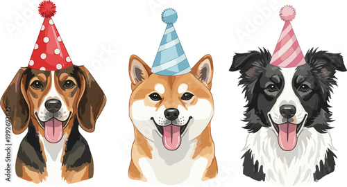Cute Dogs Wearing Party Hats Including Beagle, Shiba Inu, and Border Collie in Realistic Style for Celebration Design, Pet Illustration, and Birthday Graphics
