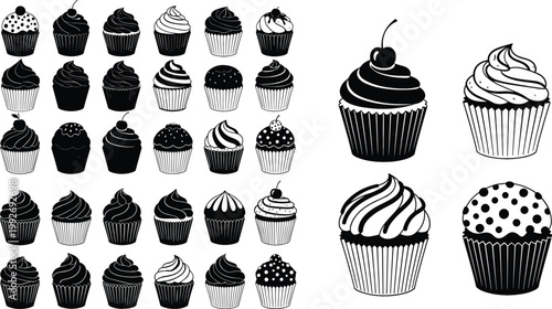 Set of Hand Drawn Cupcakes with Various Frosting Styles and Toppings for Bakery Design, Dessert Illustration, Sweet Food Graphics, and Pastry Decoration