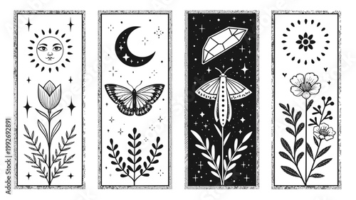 Four panels with celestial and floral illustrations moon sun stars insects and plants in black and white