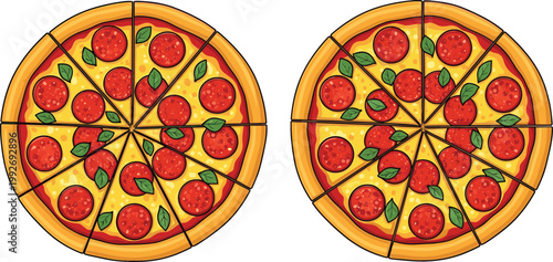 Set of Pepperoni Pizza Illustrations with Slices, Basil Leaves, and Melted Cheese in Top View for Food Design, Fast Food Menu, and Restaurant Graphics