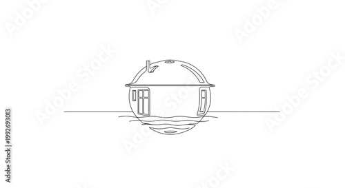 Minimalist house on a sphere, surreal concept, floating on water, dreamlike