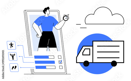 Fitness tracking, logistics, cloud services, delivery systems, health goals, app design. Person monitoring fitness progress on a mobile app with truck and cloud graphics. Fitness tracking