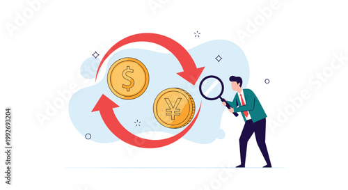 Businessman using a magnifying glass to inspect circular red arrows revolving around dollar and yen coins for currency exchange analysis.