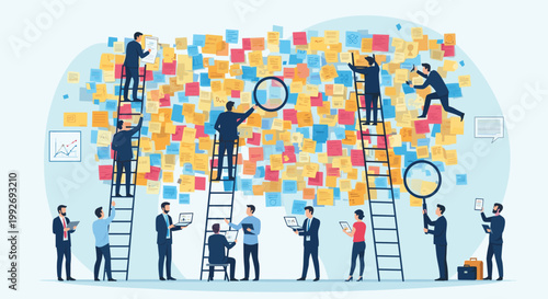 Large group of office workers using ladders to organize and analyze a massive wall covered in colorful sticky notes and tasks.