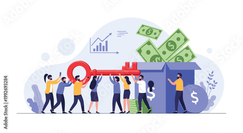 United team of diverse people carrying a large red key towards a blue box filled with money symbolizing unlocking financial success.