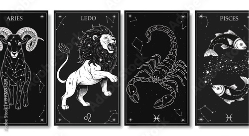 Celestial zodiac constellations aries leo scorpio pisces with astrology symbols on dark cosmic background mystical