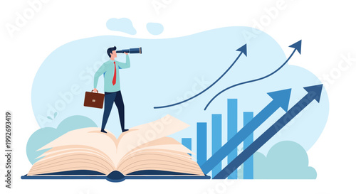 Businessman standing on an open book using a telescope to look at rising growth charts and arrows in the distance.