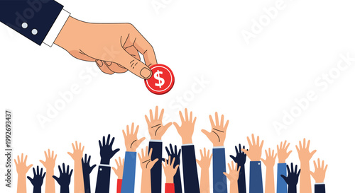 Large corporate hand holding a single red dollar coin over a crowd of reaching smaller hands depicting demand or scarcity.